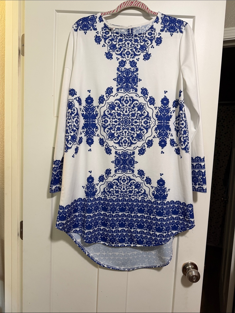 White dress with Blue Ornate Print